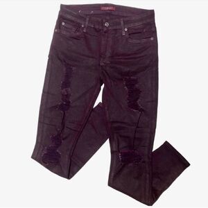 7 For All Mankind Women’s Plum Burgundy Distressed Sheen Skinny Stretch Jeans